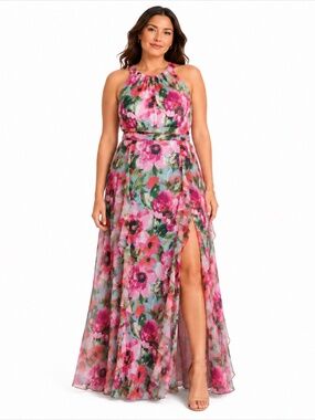 XSCAPE -  Floral Chiffon Ruffle Halter Gown